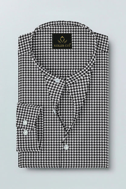 White and Jet Black Hounds Tooth Checks Mandarin Collar Cotton Shirt