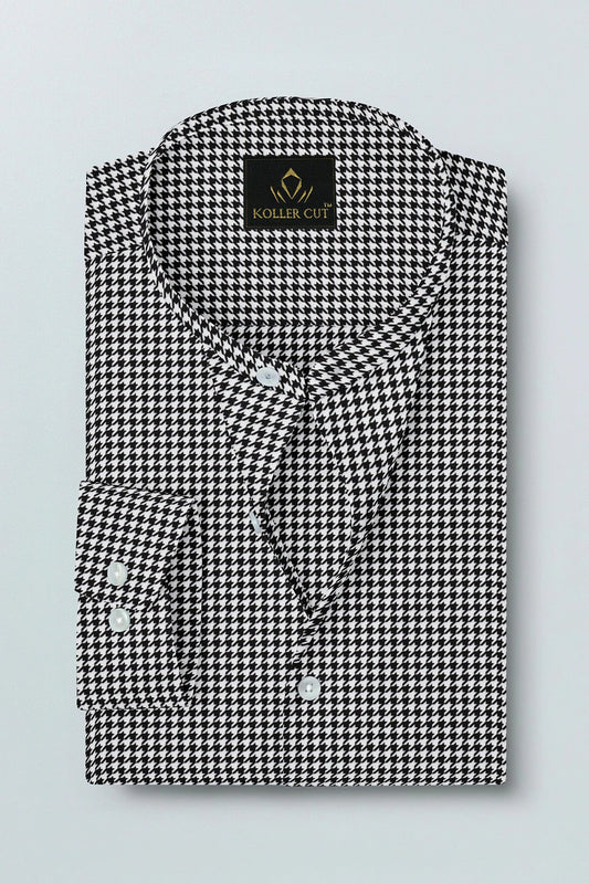 White and Jet Black Hounds Tooth Checks Mandarin Collar Cotton Shirt