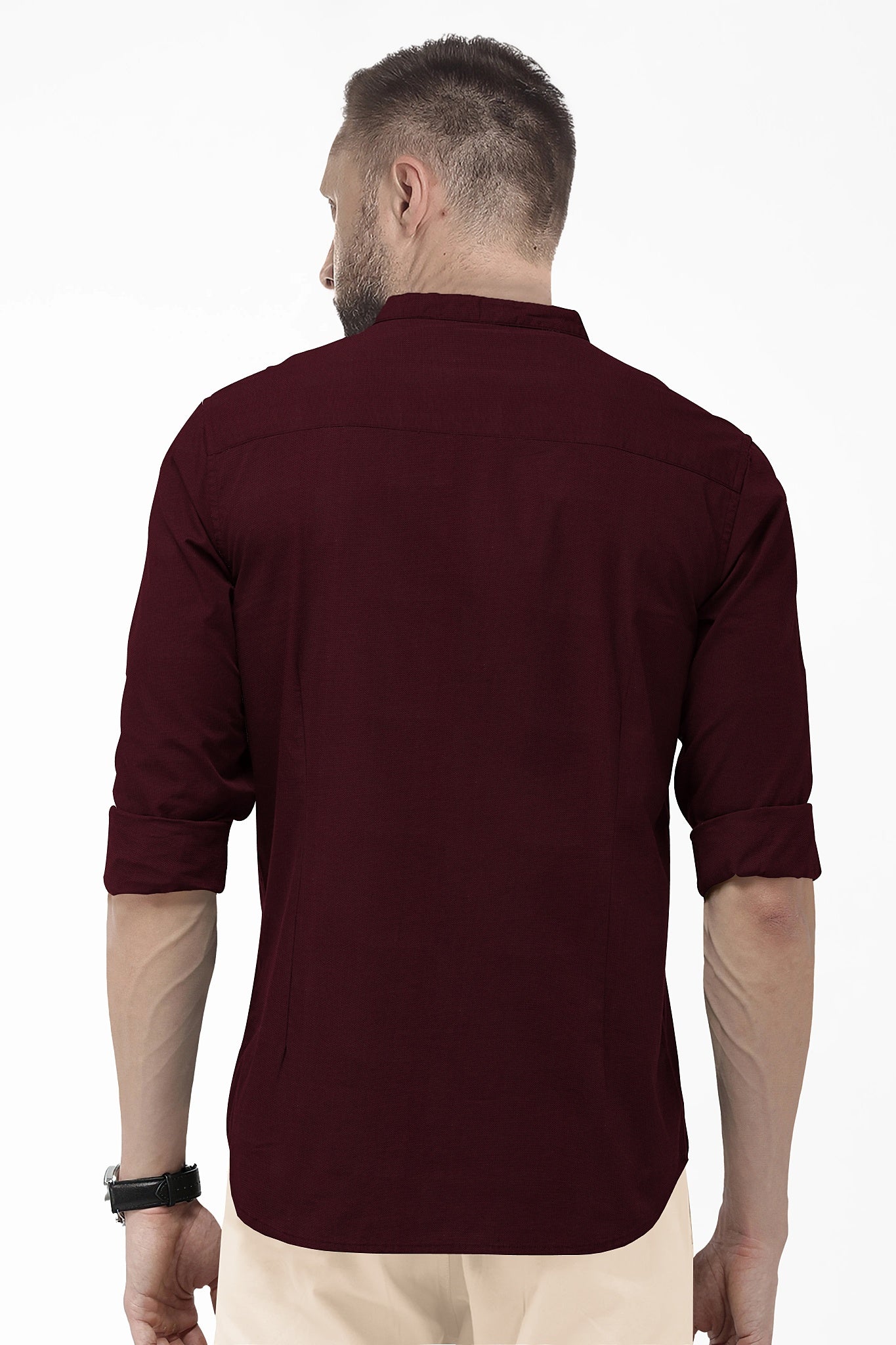 Rhubarb Red Mandarin Collar Premium Oxford Cotton Shirt