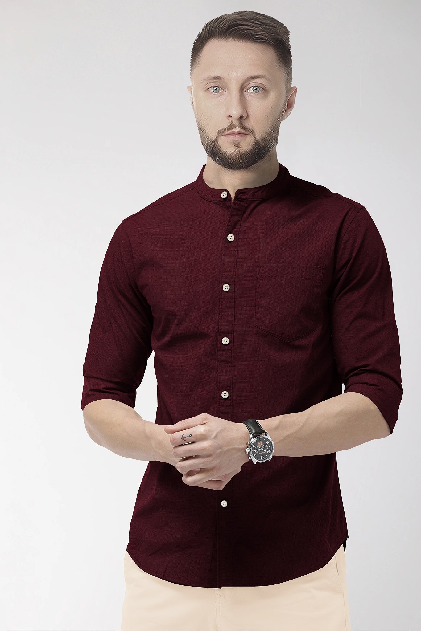 Rhubarb Red Mandarin Collar Premium Oxford Cotton Shirt