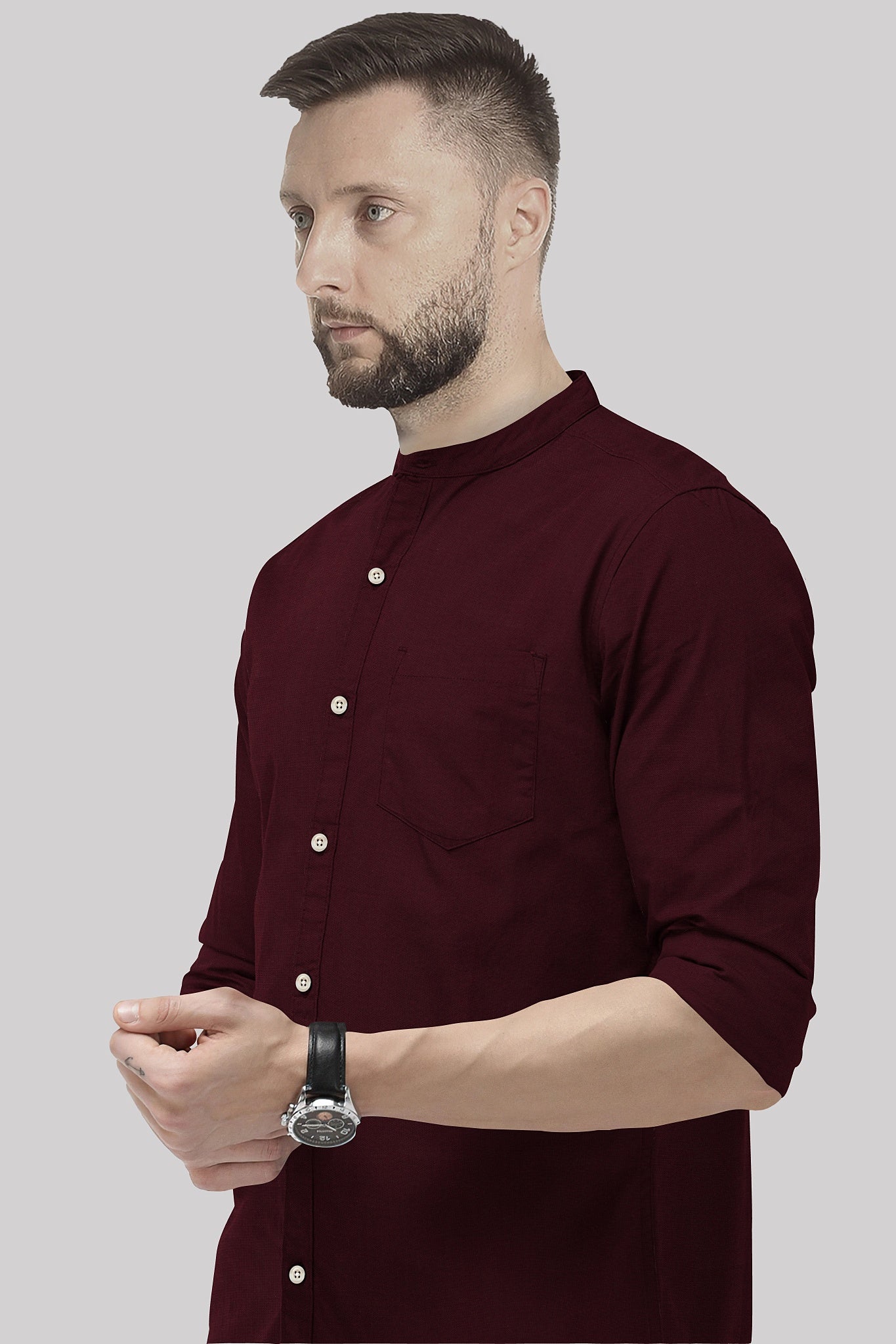 Rhubarb Red Mandarin Collar Premium Oxford Cotton Shirt