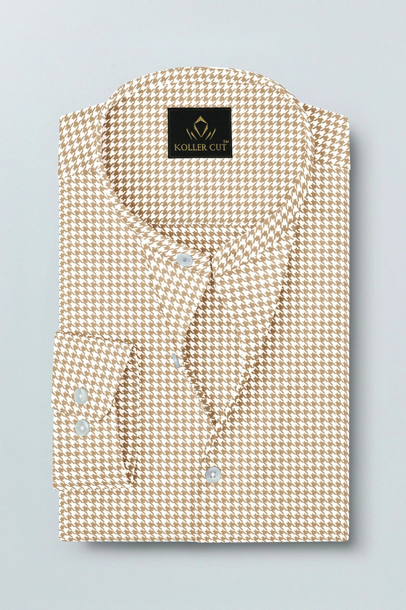 White With Latte Brown Hounds Tooth Checks Mandarin Collar Cotton Shirt