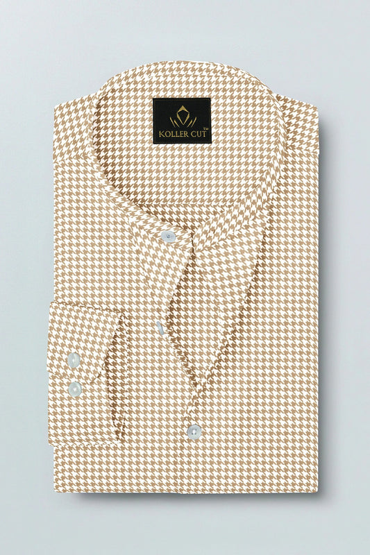 White With Latte Brown Hounds Tooth Checks Mandarin Collar Cotton Shirt