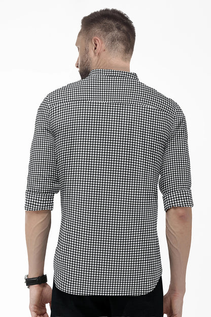 White With Jade Black Gingham Checks Mandarin Collar Cotton Shirt
