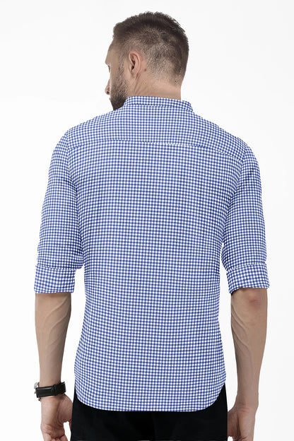 White and Amparo Blue Gingham Checks Mandarin Collar Cotton Shirt