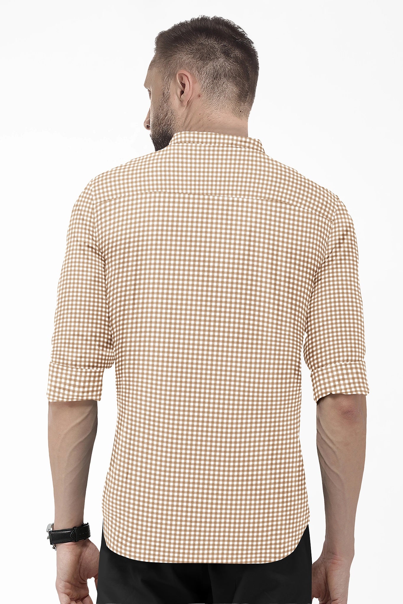 White and Frappe Brown Gingham Checks Mandarin Collar Cotton Shirt