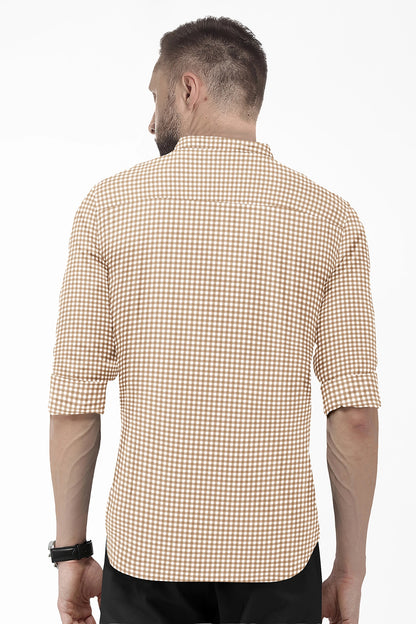 White and Frappe Brown Gingham Checks Mandarin Collar Cotton Shirt