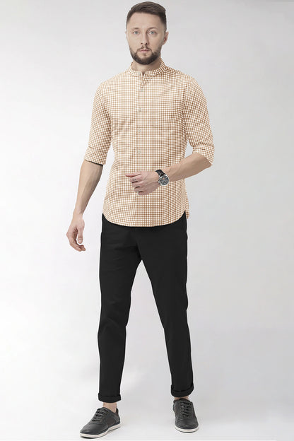 White and Frappe Brown Gingham Checks Mandarin Collar Cotton Shirt