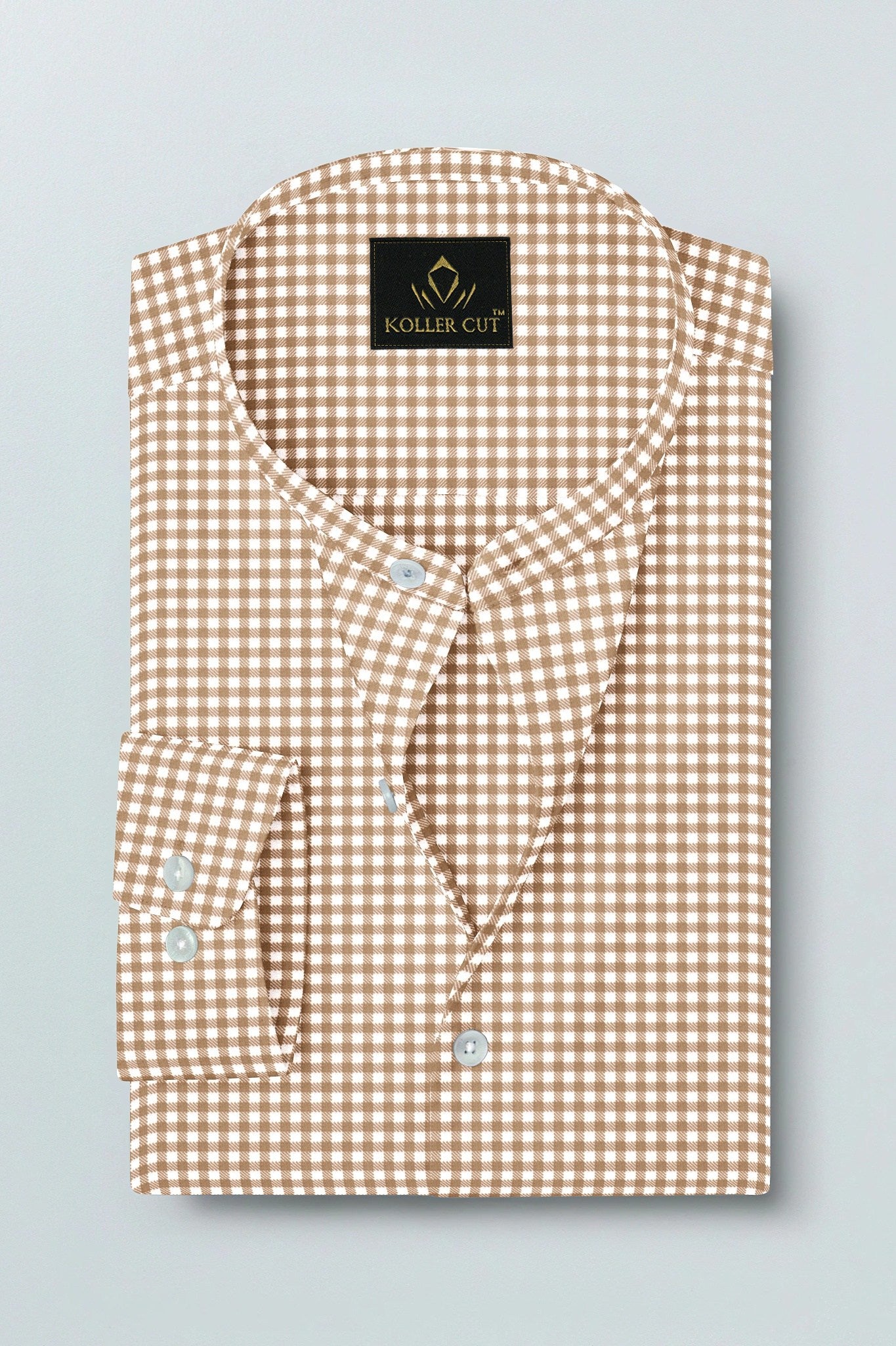 White and Frappe Brown Gingham Checks Mandarin Collar Cotton Shirt