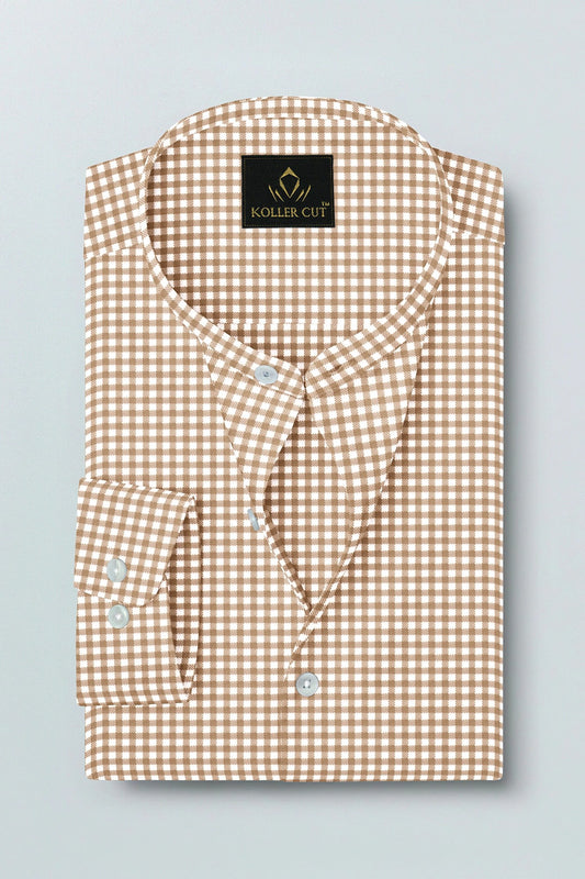White and Frappe Brown Gingham Checks Mandarin Collar Cotton Shirt