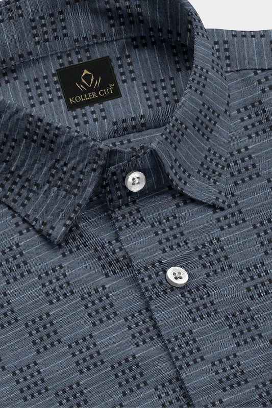 Charcoal Gray and Jade Black Jacquard Checks Premium Cotton Shirt