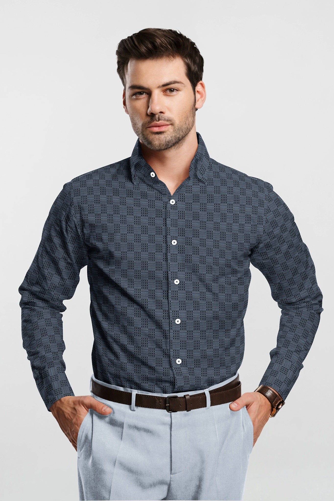 Charcoal Gray and Jade Black Jacquard Checks Premium Cotton Shirt