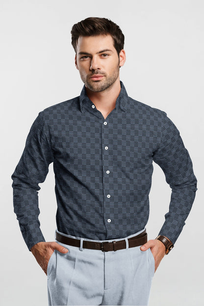 Charcoal Gray and Jade Black Jacquard Checks Premium Cotton Shirt