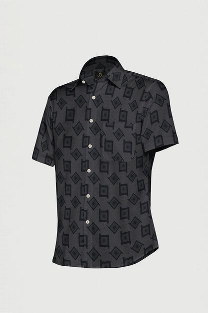 Ebony black with Lunar Gray and Jet Black Square Jacquard Print Egyptian Giza Cotton Shirt