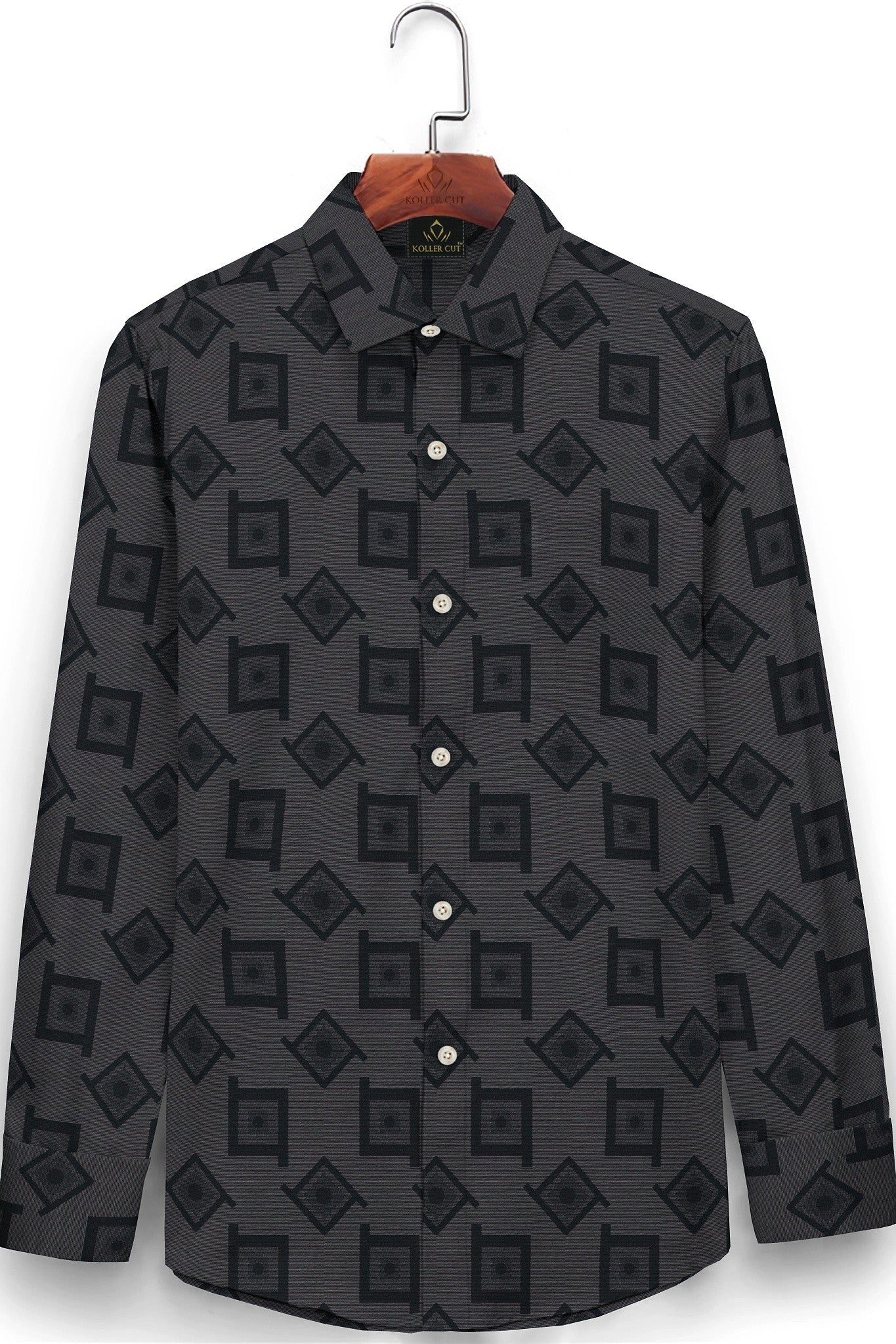 Ebony black with Lunar Gray and Jet Black Square Jacquard Print Egyptian Giza Cotton Shirt