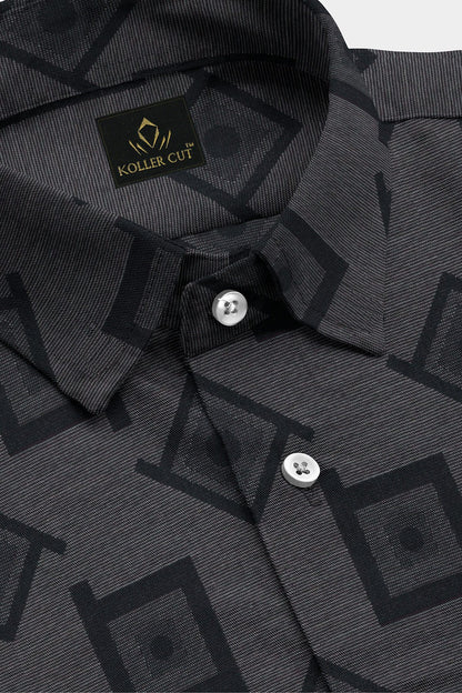 Ebony black with Lunar Gray and Jet Black Square Jacquard Print Egyptian Giza Cotton Shirt