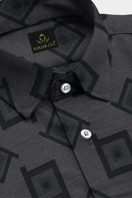 Ebony black with Lunar Gray and Jet Black Square Jacquard Print Egyptian Giza Cotton Shirt