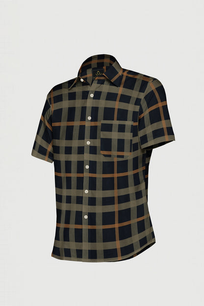 Sodalite Blue with Travertine Cream and Golden Brown Checks Premium Egyltian Giza Cotton Shirt