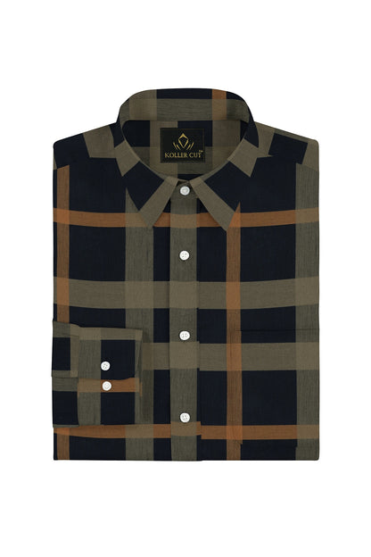 Sodalite Blue with Travertine Cream and Golden Brown Checks Premium Egyltian Giza Cotton Shirt