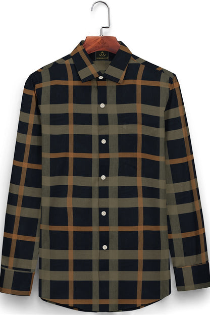 Sodalite Blue with Travertine Cream and Golden Brown Checks Premium Egyltian Giza Cotton Shirt