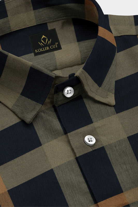 Sodalite Blue with Travertine Cream and Golden Brown Checks Premium Egyltian Giza Cotton Shirt