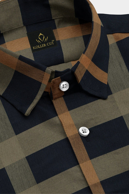 Sodalite Blue with Travertine Cream and Golden Brown Checks Premium Egyltian Giza Cotton Shirt