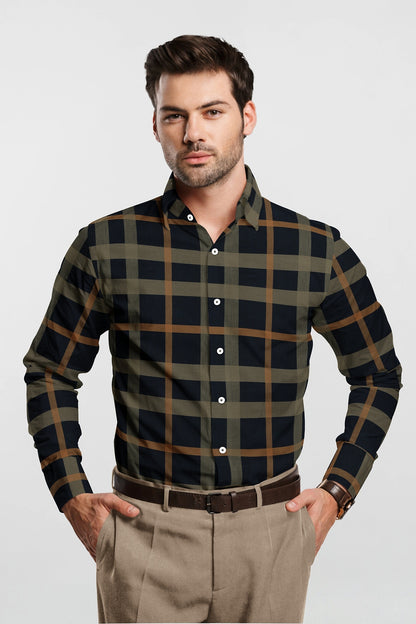 Sodalite Blue with Travertine Cream and Golden Brown Checks Premium Egyltian Giza Cotton Shirt