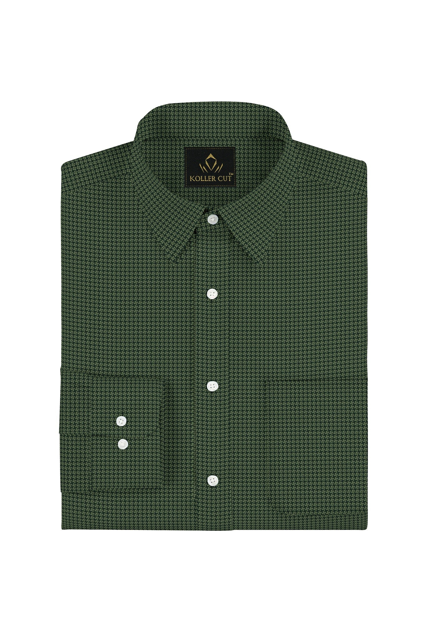 Kale Green and Pesto Green Hounds Tooth Jacquard Print Egyptian Giza Cotton Shirt