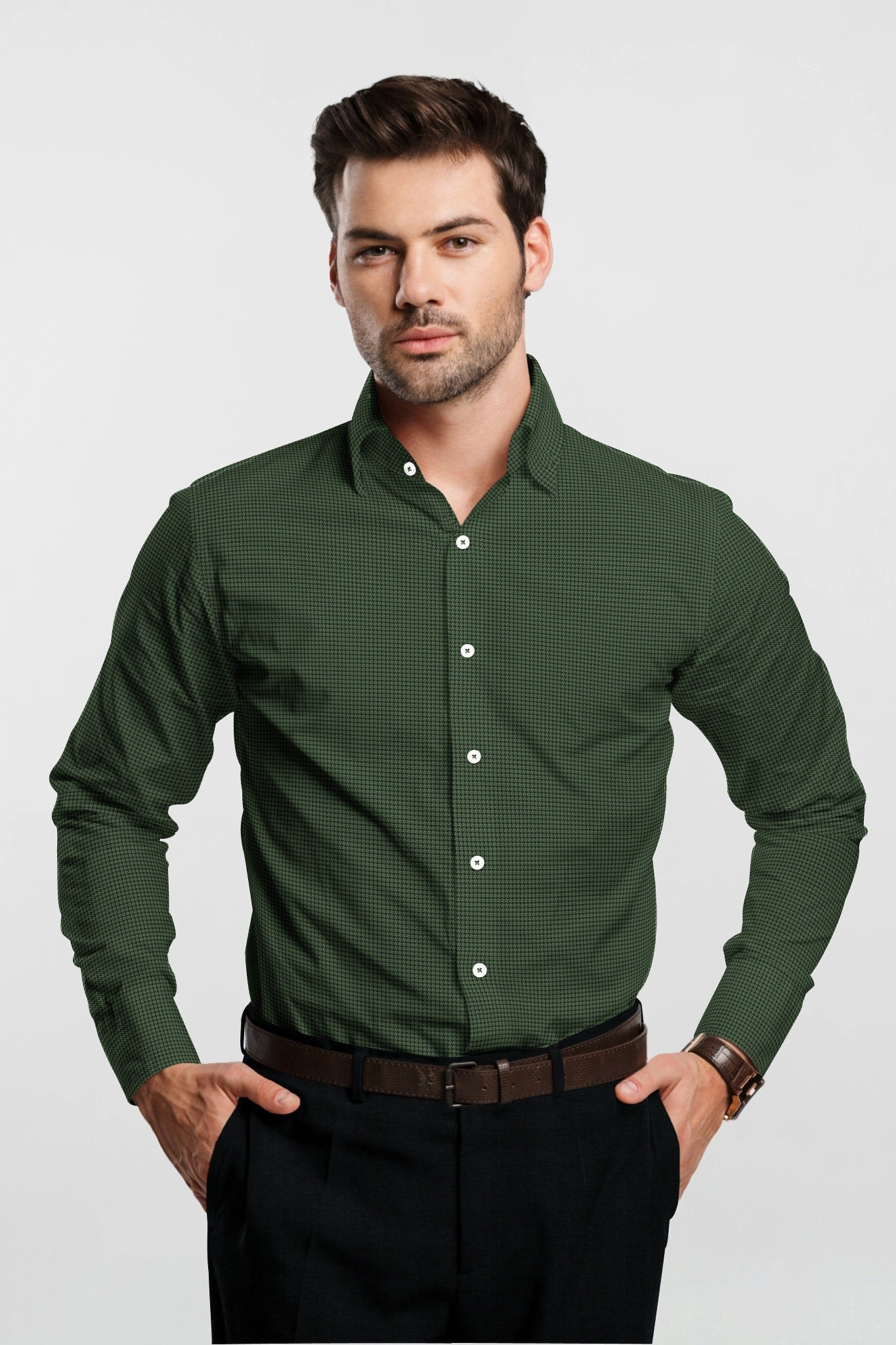 Kale Green and Pesto Green Hounds Tooth Jacquard Print Egyptian Giza Cotton Shirt