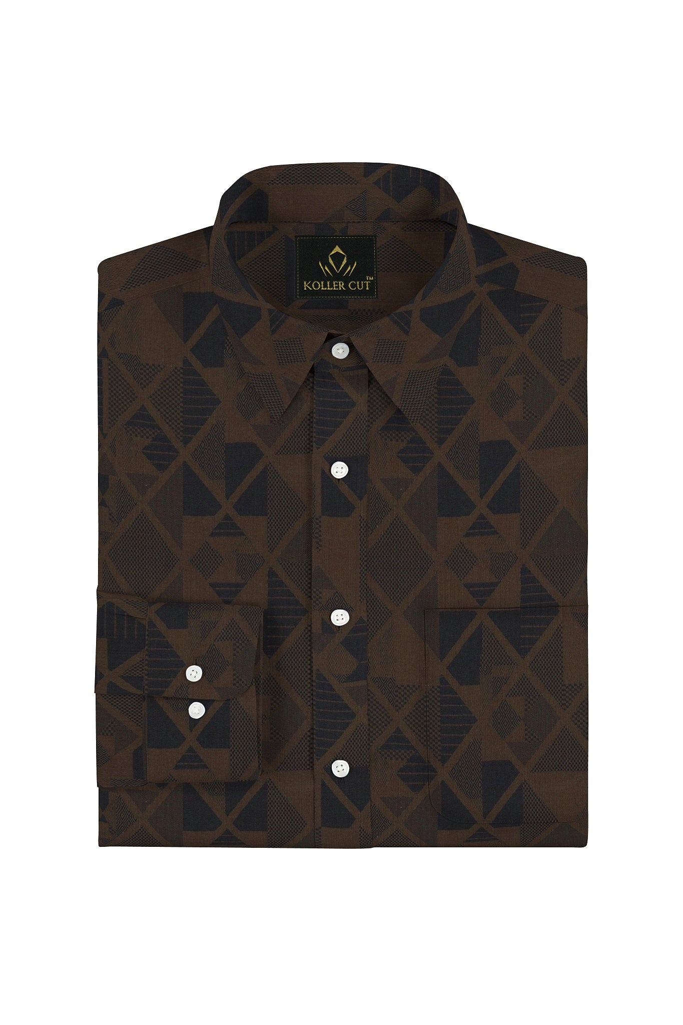 Umber Brown and Moonlit Blue Jacquard Print Egyptian Giza Cotton Shirt