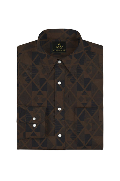 Umber Brown and Moonlit Blue Jacquard Print Egyptian Giza Cotton Shirt