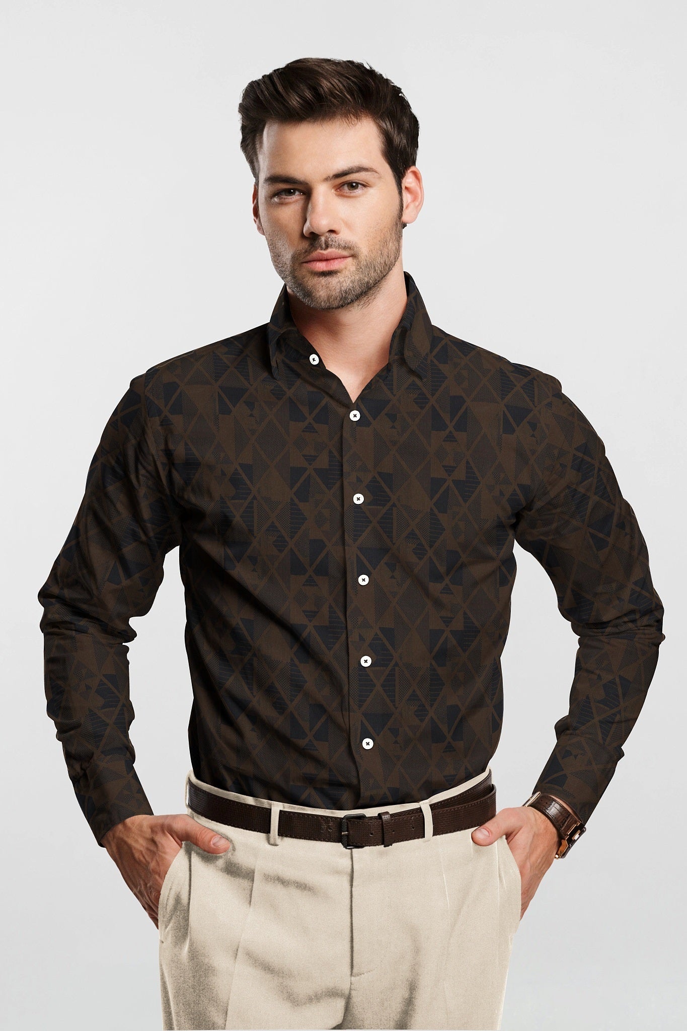 Umber Brown and Moonlit Blue Jacquard Print Egyptian Giza Cotton Shirt