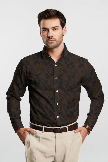 Umber Brown and Moonlit Blue Jacquard Print Egyptian Giza Cotton Shirt