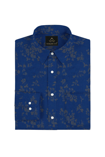 Lapis Blue and Tuscany Brown Carnation Plant Jacquard Print Egyptian Giza Cotton Shirt