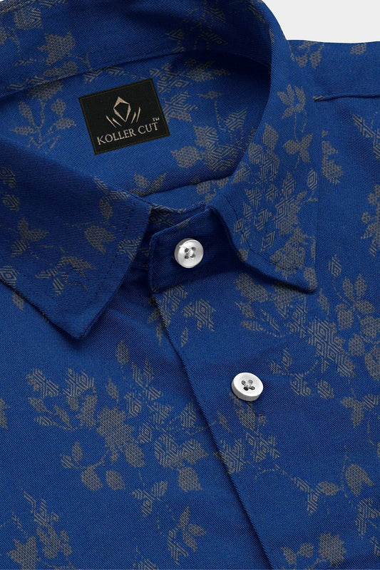 Lapis Blue and Tuscany Brown Carnation Plant Jacquard Print Egyptian Giza Cotton Shirt
