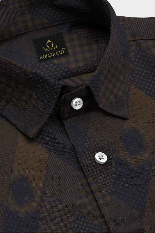 Caramal Brown and Moonlit Blue Jacquard Print Egyptian Giza Cotton Shirt