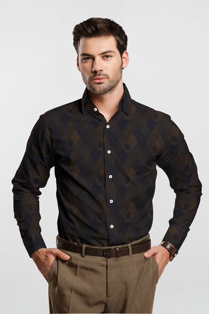 Caramal Brown and Moonlit Blue Jacquard Print Egyptian Giza Cotton Shirt