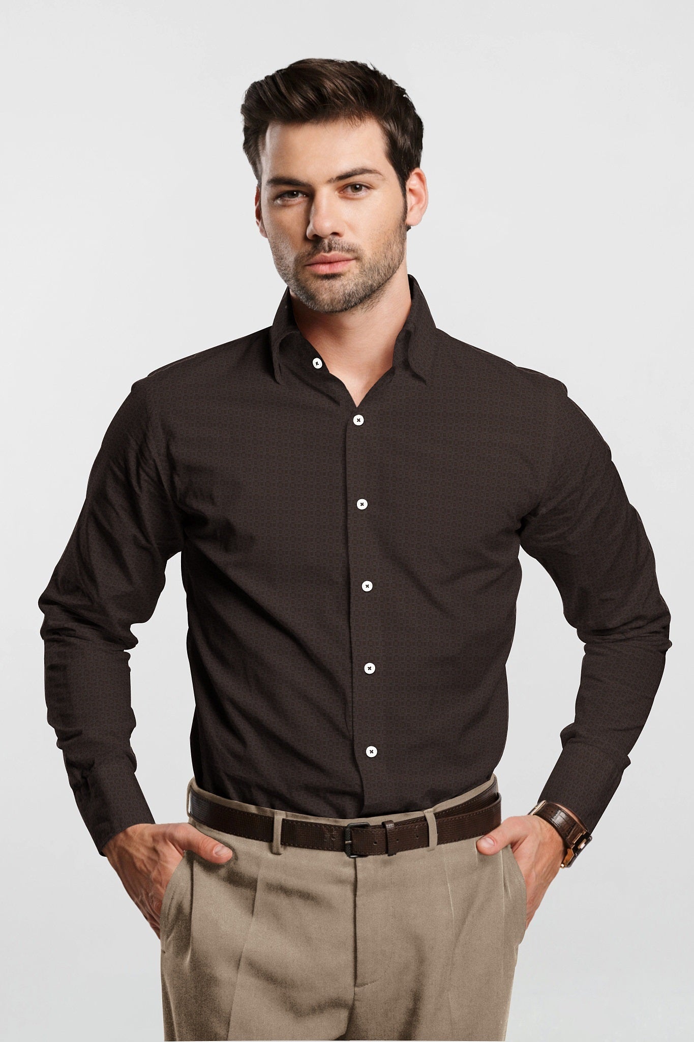 Raisin Brown and Mulch  Brown Jacquard Print Egyptian Giza Cotton Shirt