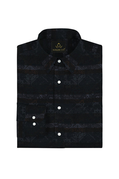 Platinum Gray with Cilantro Green and Tiramisu Brown Multicolored Jacqurd Abstract Stripes Egyptian Giza Cotton Shirt