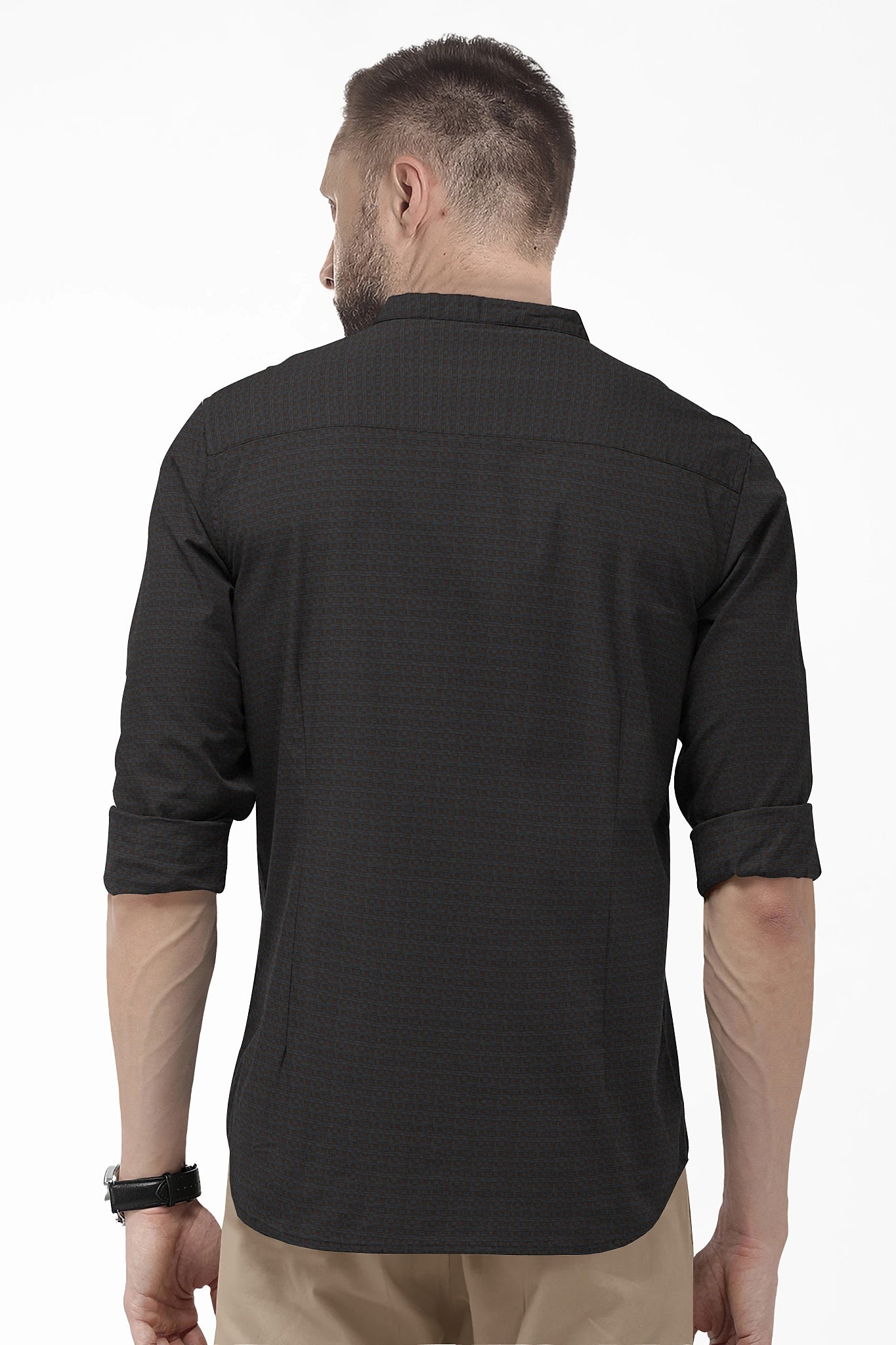 Graphite Gray and Raisin Brown Jacquard Print Mandarin Collar Premium Egyptian Giza Cotton Shirt