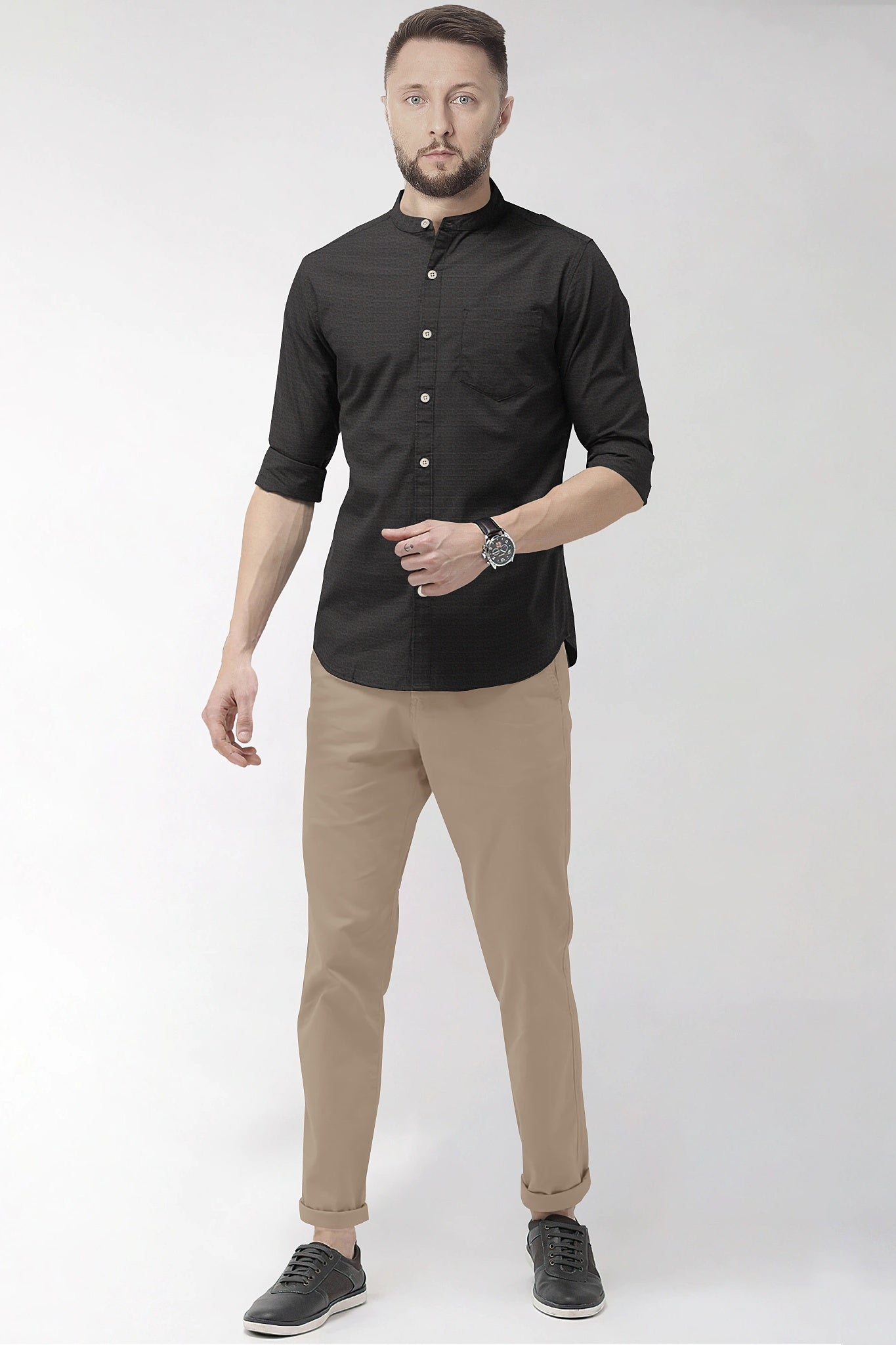 Graphite Gray and Raisin Brown Jacquard Print Mandarin Collar Premium Egyptian Giza Cotton Shirt