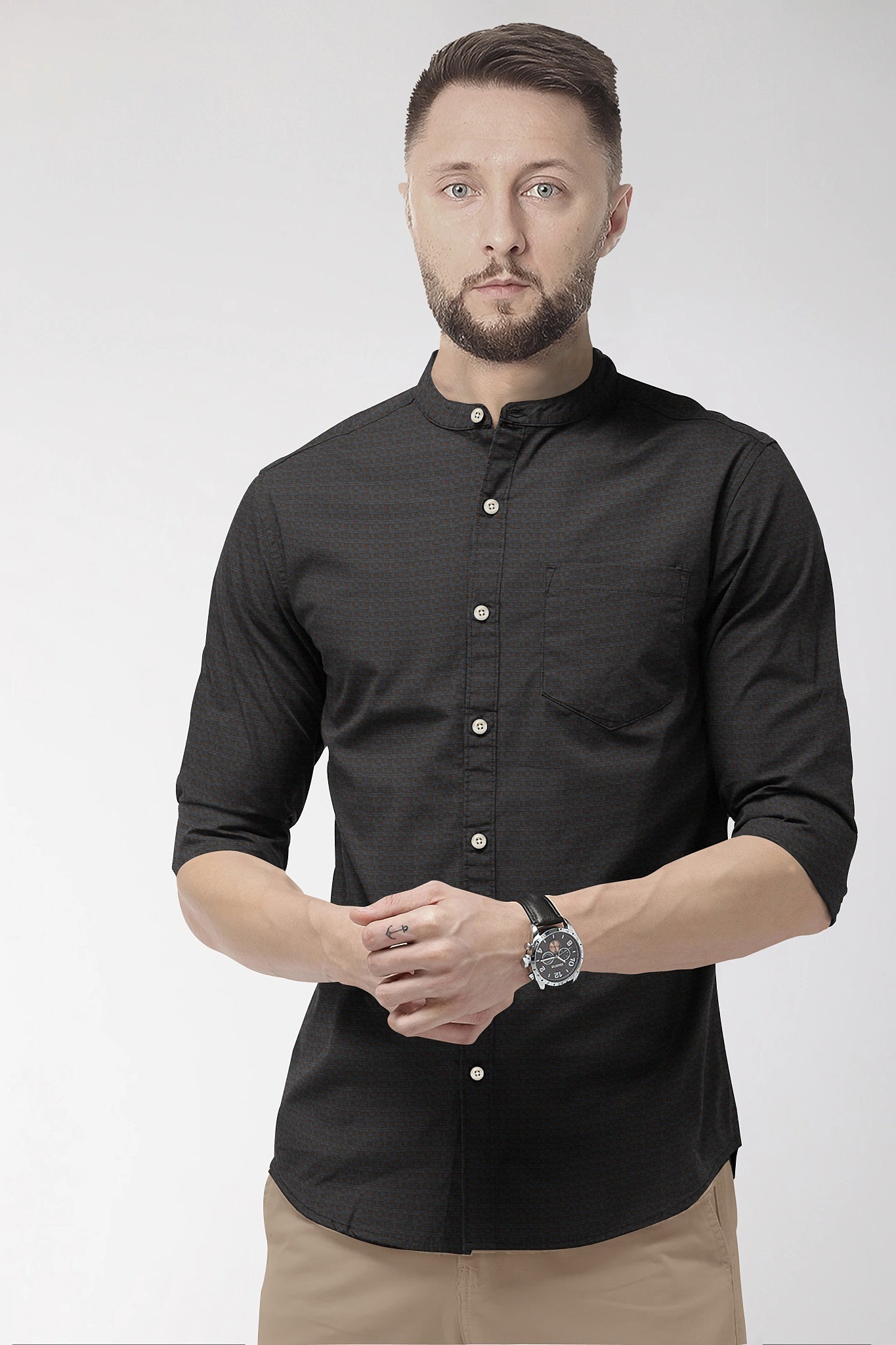 Graphite Gray and Raisin Brown Jacquard Print Mandarin Collar Premium Egyptian Giza Cotton Shirt