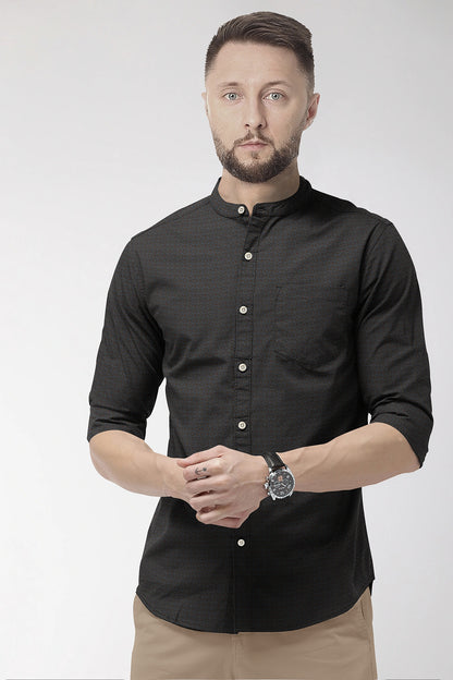 Graphite Gray and Raisin Brown Jacquard Print Mandarin Collar Premium Egyptian Giza Cotton Shirt