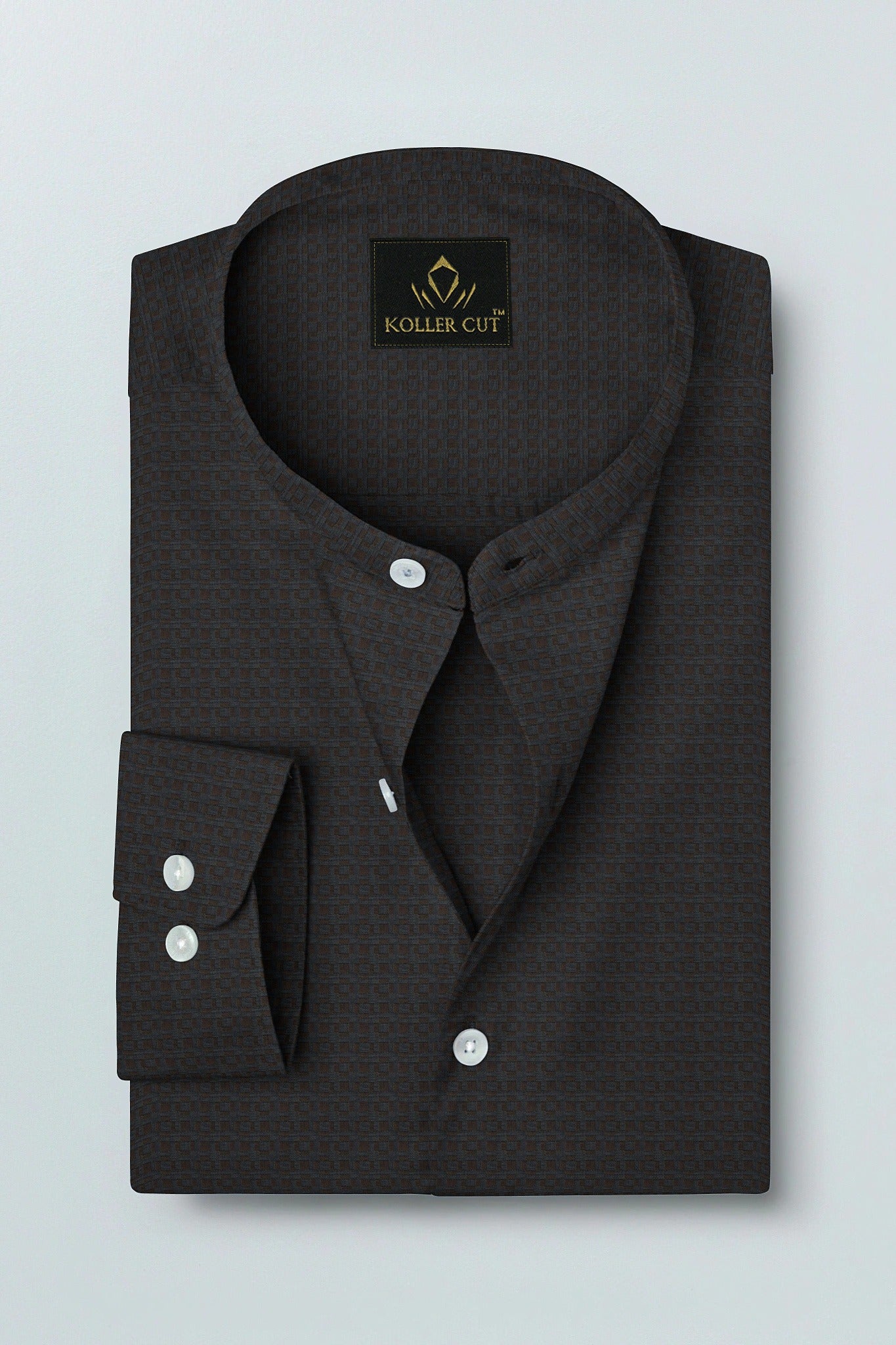 Graphite Gray and Raisin Brown Jacquard Print Mandarin Collar Premium Egyptian Giza Cotton Shirt