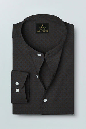 Graphite Gray and Raisin Brown Jacquard Print Mandarin Collar Premium Egyptian Giza Cotton Shirt