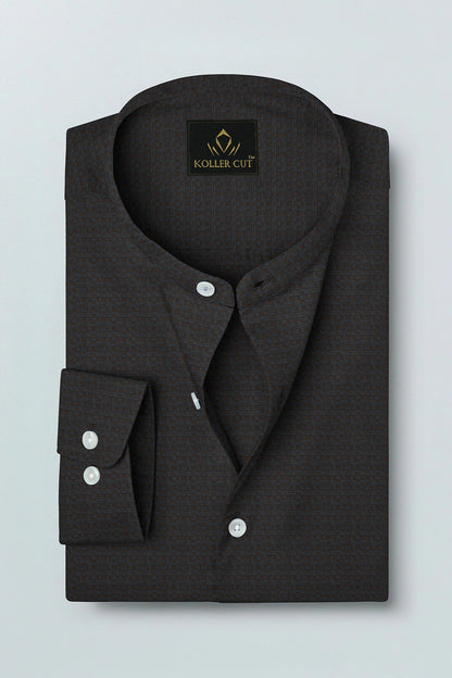 Graphite Gray and Raisin Brown Jacquard Print Mandarin Collar Premium Egyptian Giza Cotton Shirt