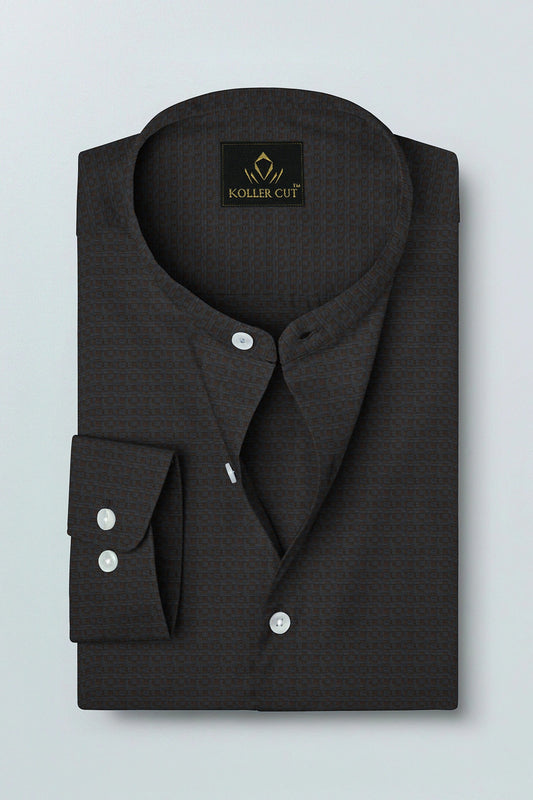 Graphite Gray and Raisin Brown Jacquard Print Mandarin Collar Premium Egyptian Giza Cotton Shirt