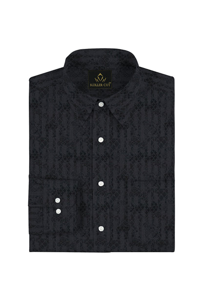 Ebony Black and Charcoal Gray  Jaccquard Print Egyptian Giza Cotton Shirt