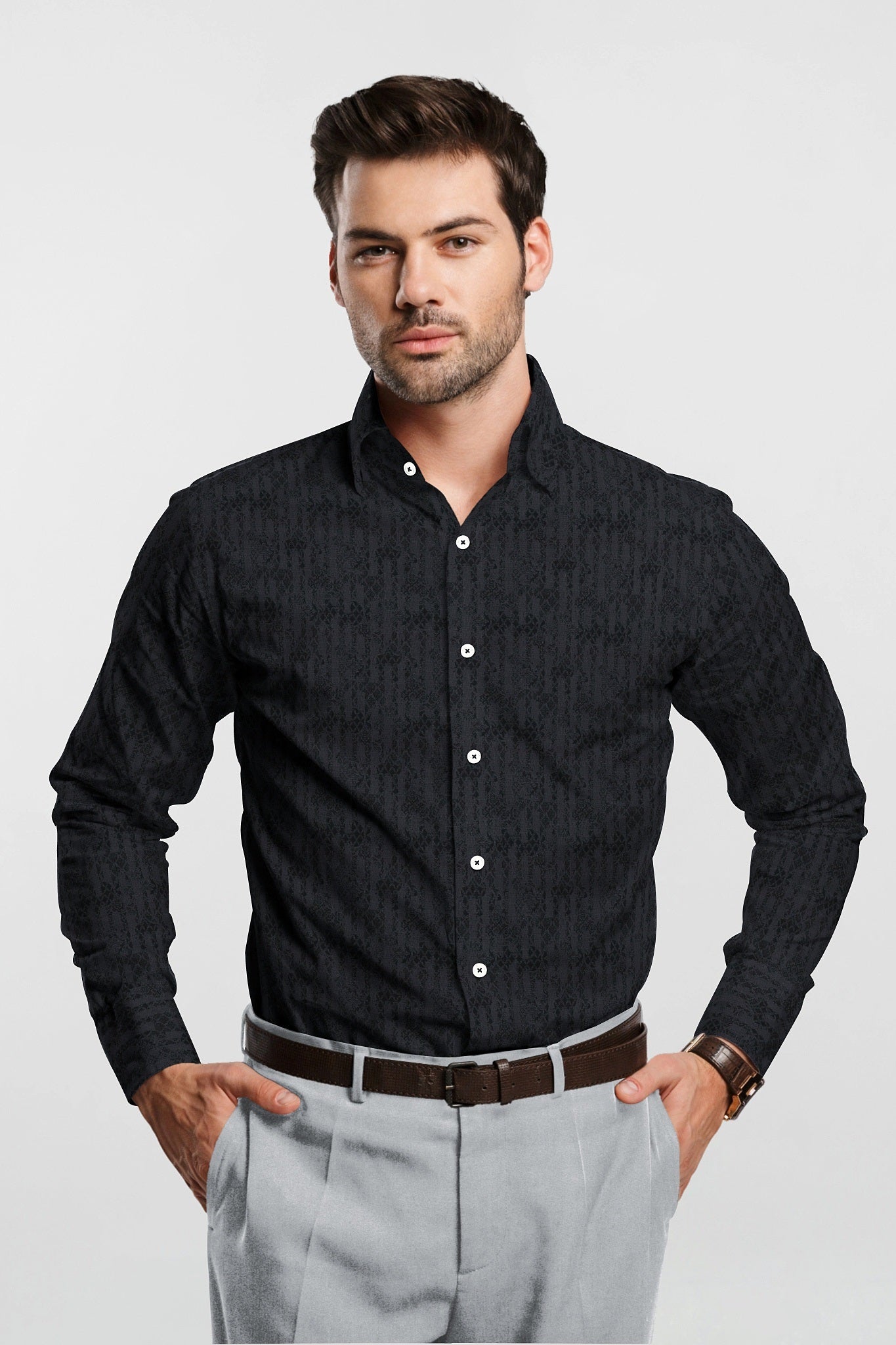 Ebony Black and Charcoal Gray  Jaccquard Print Egyptian Giza Cotton Shirt