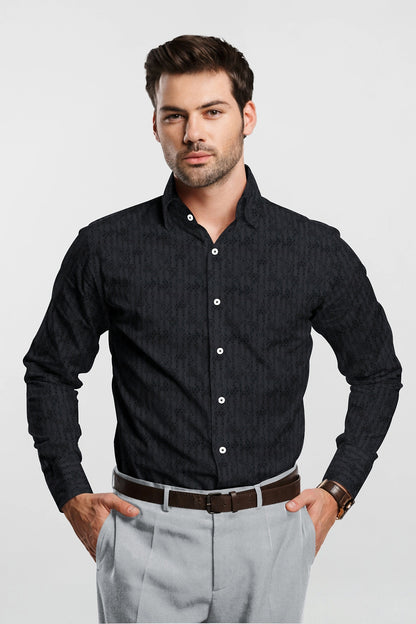 Ebony Black and Charcoal Gray  Jaccquard Print Egyptian Giza Cotton Shirt